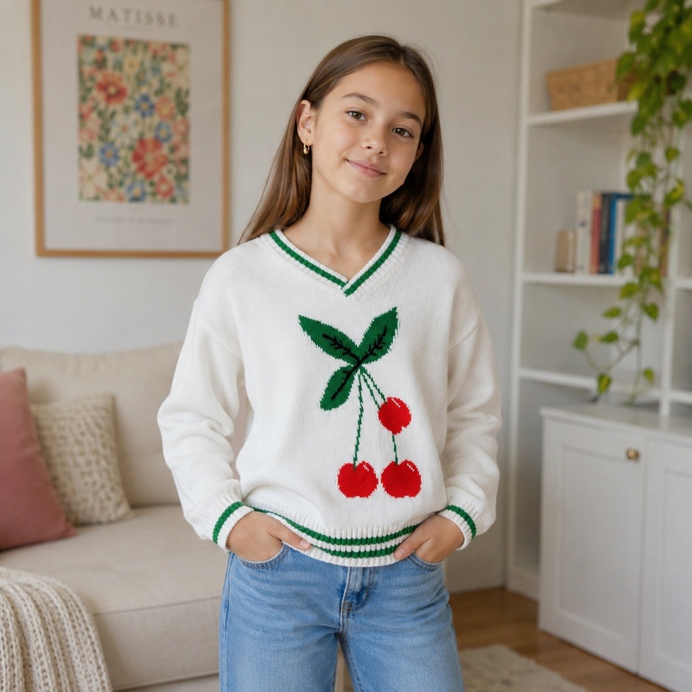 Mini‎ Rodini Kids Cherry Organic Cotton Knit Sweater Ivory EU 140/146 US 9-11Y